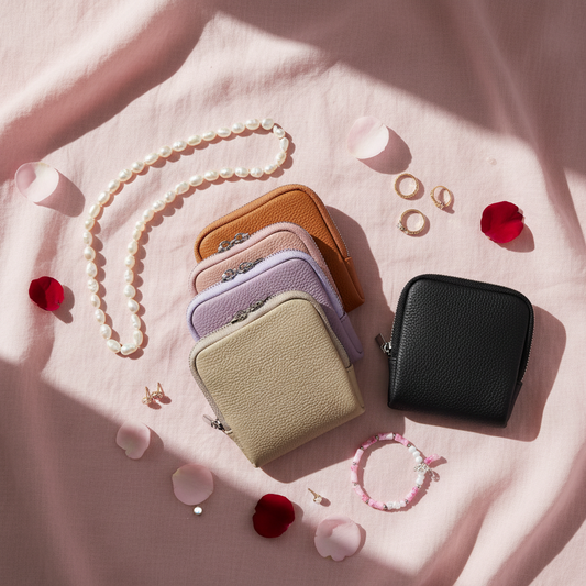 Pochettes bijoux flat lay rose