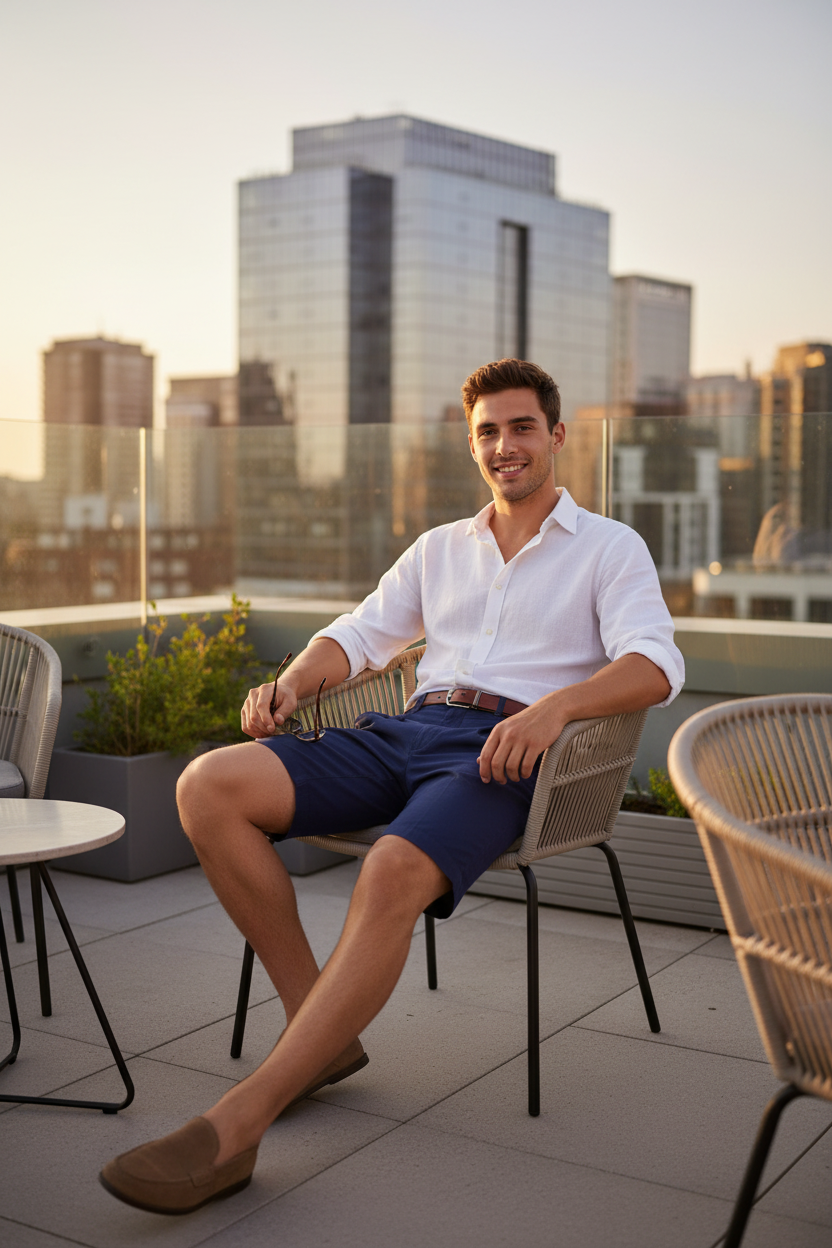 Short chino bleu marine café rooftop