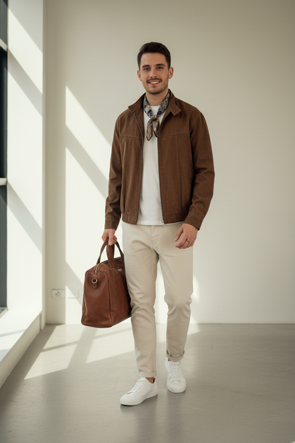 Veste café portée plein corps